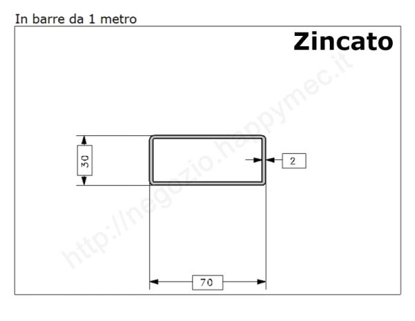 Tubo rettangolare zincato 70x30x2 in barre da 1 metro in ferro