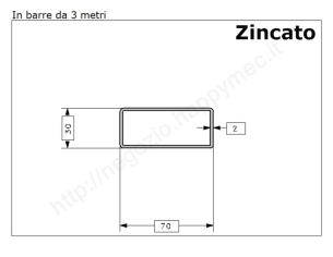 Tubo rettangolare zincato 70x30x2 in barre da 3 metri in ferro