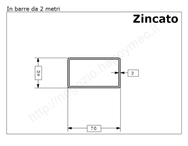 Tubo rettangolare zincato 70x40x2 in barre da 2 metri in ferro