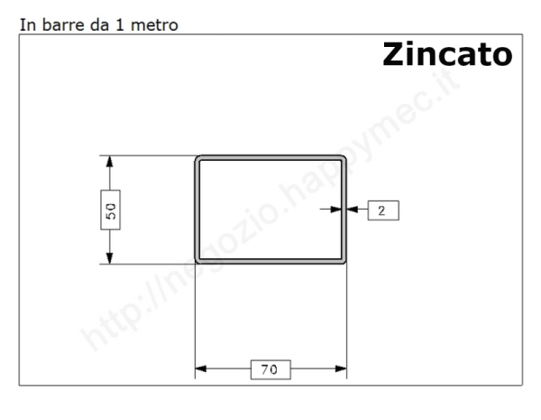 Tubo rettangolare zincato 70x50x2 in barre da 1 metro in ferro