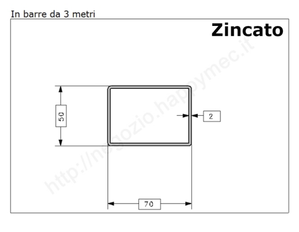 Tubo rettangolare zincato 70x50x2 in barre da 3 metri in ferro