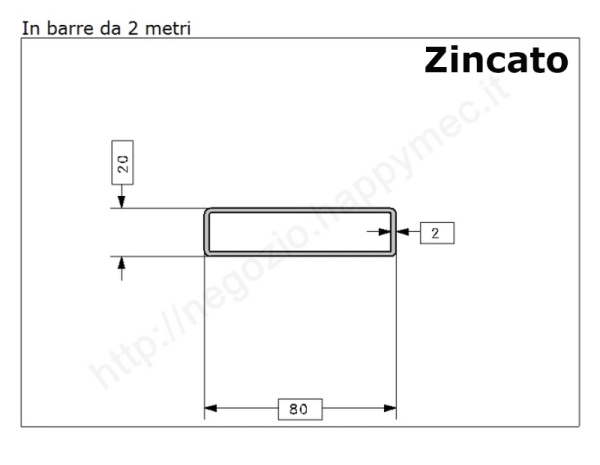 Tubo rettangolare zincato 80x20x2 in barre da 2 metri in ferro