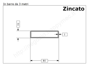 Tubo rettangolare zincato 80x20x2 in barre da 3 metri in ferro