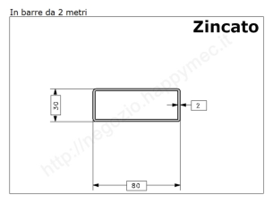 Tubo rettangolare zincato 80x30x2 in barre da 2 metri in ferro