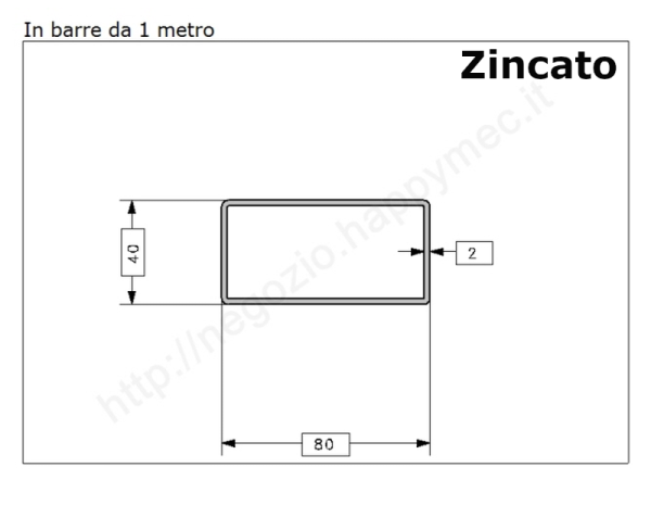 Tubo rettangolare zincato 80x40x2 in barre da 1 metro* in ferro