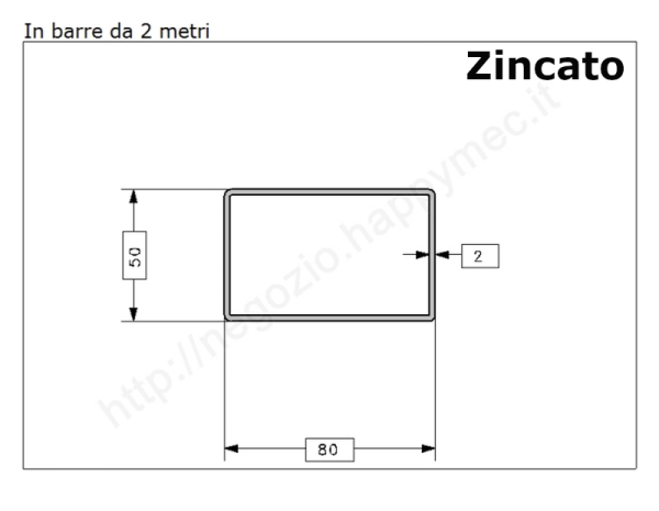 Tubo rettangolare zincato 80x50x2 in barre da 2 metri in ferro