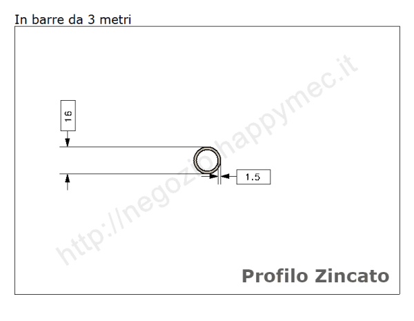 Tubo tondo diam.16x1,5mm.zincato in barre da 3 metri in ferro