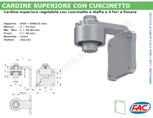 Cardine superiore zinc. d.60 c/cuscinetto e piastra 4 fori