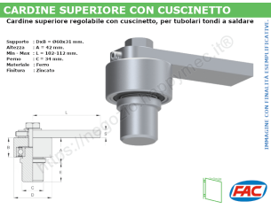 Cardine superiore zinc. d.60 c/cuscinetto, per tubo d.40x3