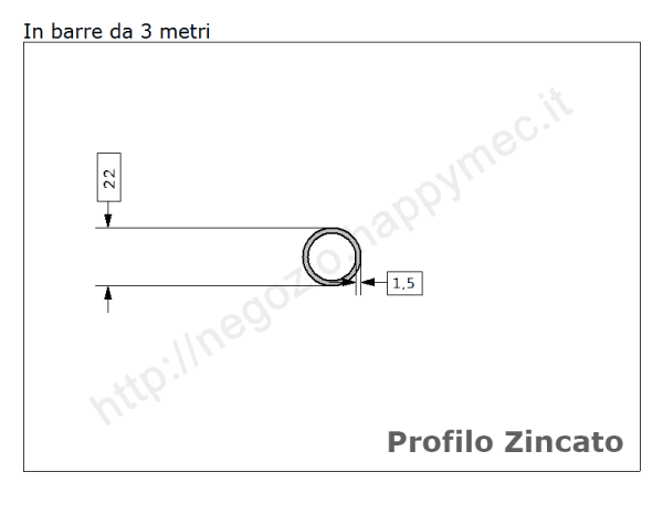 Tubo tondo diam.22x2mm.zincato in barre da 3 metri in ferro