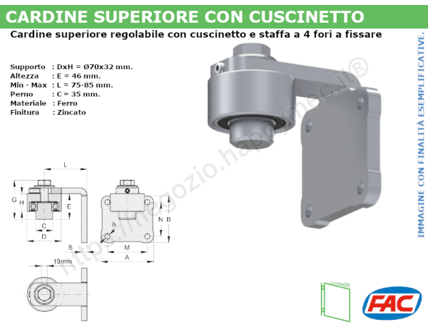Cardine superiore zinc. d.70 c/cuscinetto e piastra 4 fori
