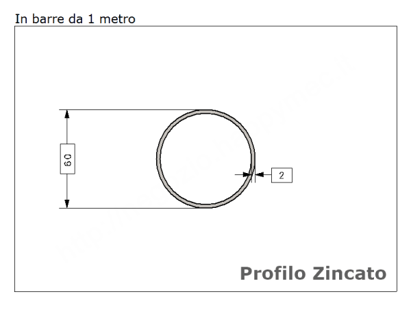 Tubo tondo diam.60x2mm.(2") zincato in barre da 1 metro in ferro