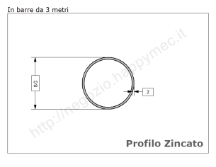 Tubo tondo diam.60x2mm.(2") zincato in barre da 3 metri in ferro