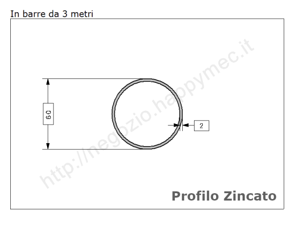 Tubo tondo diam.60x2mm.(2") zincato in barre da 3 metri in ferro