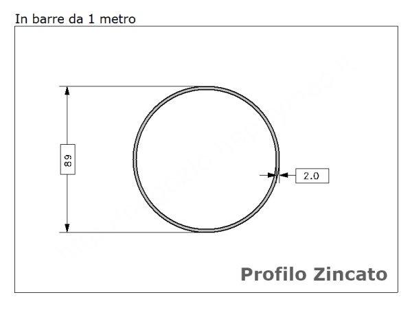 Tubo tondo diam.89x2mm.(3") zincato in barre da 1 metro in ferro
