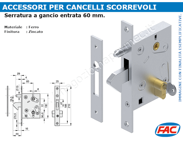 Serratura a gancio E.60 con cilindro e chiavi