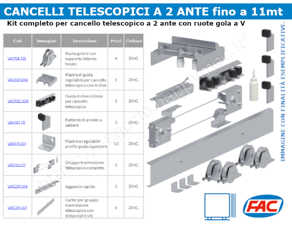 Kit cancello telescopico 2 ante fino a 11 mt con ruote gola a V