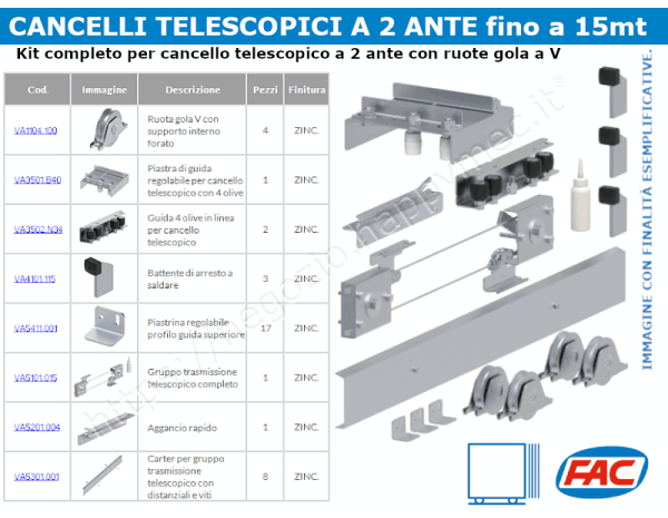 Kit cancello telescopico 2 ante fino a 15 mt con ruote gola a V