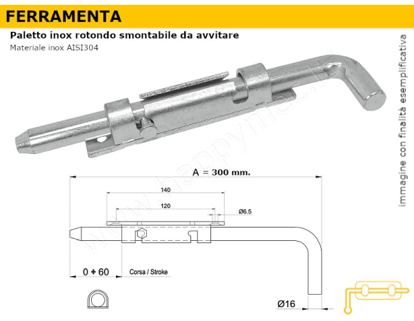 Paletto rotondo da avvitare 300 mm INOX AISI 304 IB67AI