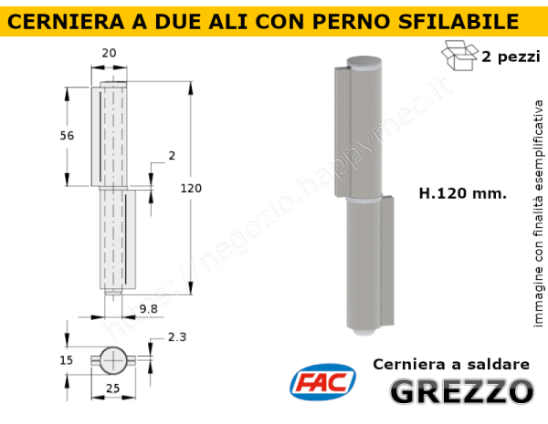 Conf. di 2 cerniere in ferro a 2 ali L.120 con perno sfilabile