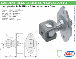 Cardine zinc. M18 con cavallotto e piastra imbutita 2 fori
