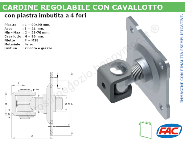 Cardine zinc. M18 con cavallotto e piastra imbutita a 4 fori
