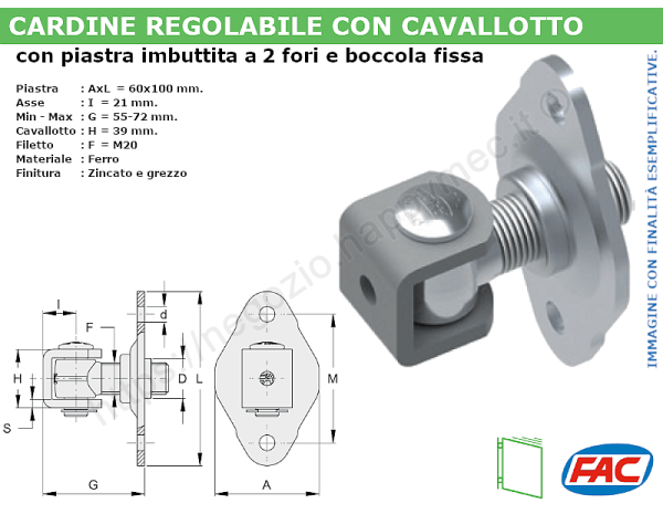 Cardine zinc. M20 con cavallotto e piastra imbutita 2 fori