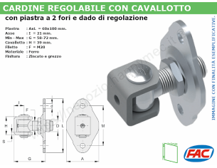 Cardine zinc. M20 con cavallotto e piastra imbutita regolabile