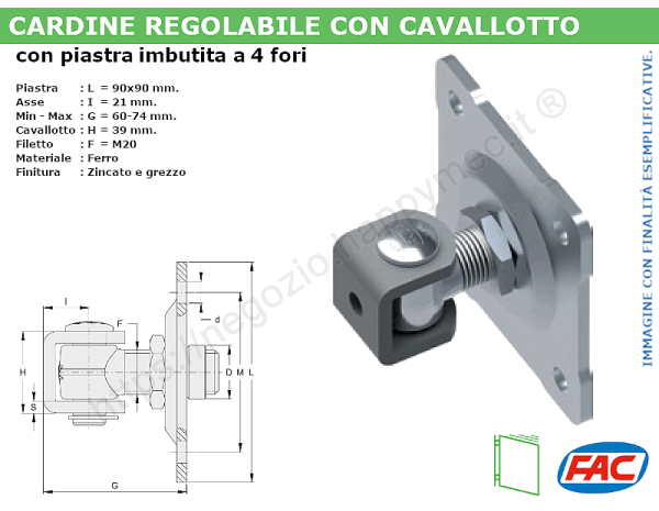 Cardine zinc. M20 con cavallotto e piastra imbutita regolabile