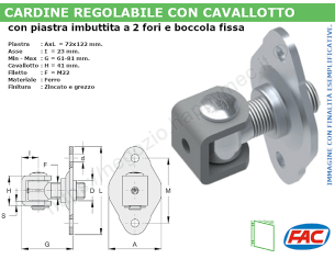 Cardine zinc. M22 con cavallotto e piastra imbutita 2 fori