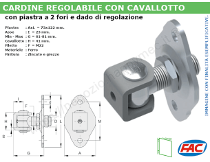 Cardine zinc. M22 con cavallotto e piastra imbutita regolabile