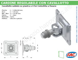 Cardine zinc. M22 con cavallotto saldato su piastra a 4 fori