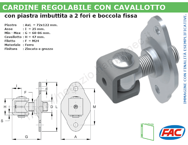 Cardine zinc. M24 con cavallotto e piastra imbutita 2 fori
