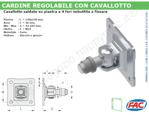 Cardine zinc. M27 con cavallotto saldato su piastra a 4 fori