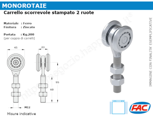 Carrello zincato 2 ruote d.45 supporto filettato M12 per MR-B