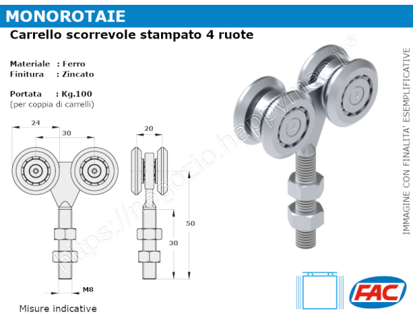 Carrello zincato 4 ruote d.24 supporto forgiato per MR-C