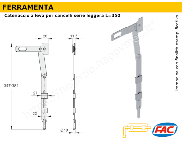 Catenaccio a leva H. 350 serie leggera per cancelli