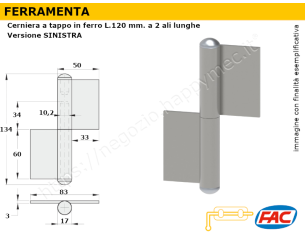 Cerniera a tappo sinistra a 2 ali grandi L.120