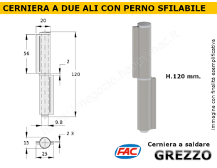 Cerniera in ferro a 2 ali L.120 con perno sfilabile