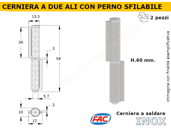 Cerniera inox a 2 ali L.60 con perno sfilabile - 2 Pezzi
