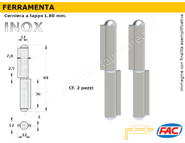 Cerniera inox a tappo L.80mm d.12mm. in conf. 2 Pz.