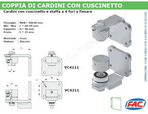Coppia cardini regolabili d. 40 con cuscinetto e staffa 4 fori