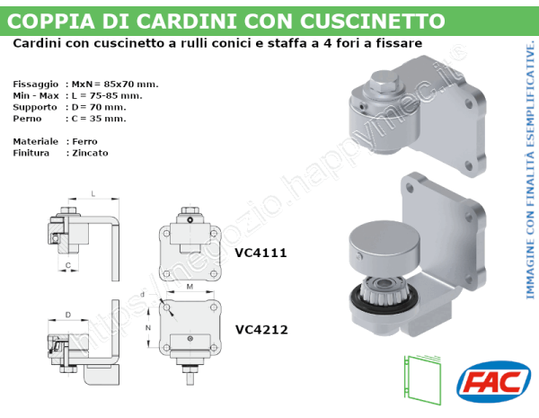 Coppia cardini regolabili d. 70 con cuscinetto e staffa 4 fori