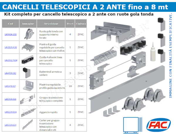 Kit cancello telescopico 2 ante fino a 8 mt con ruote gola tonda
