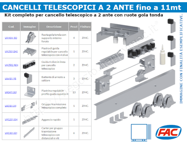 Kit cancello telescopico 2 ante fino a 11 mt con ruote gola tonda