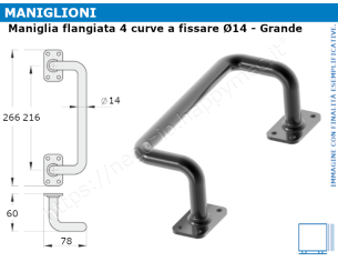 Maniglia flangiata nera tondo 14mm L.230, 4 curve