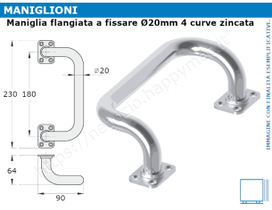 Maniglia tubolare flangiata diametro 20mm a 4 curve zincata
