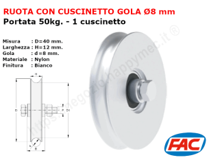 Mini-ruota nylon diametro 40x12 gola d.8 accessori per cancello