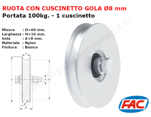 Mini-ruota nylon diametro 60x16 gola d.8 accessori per cancello