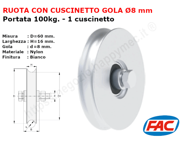 Mini-ruota nylon diametro 60x16 gola d.8 accessori per cancello